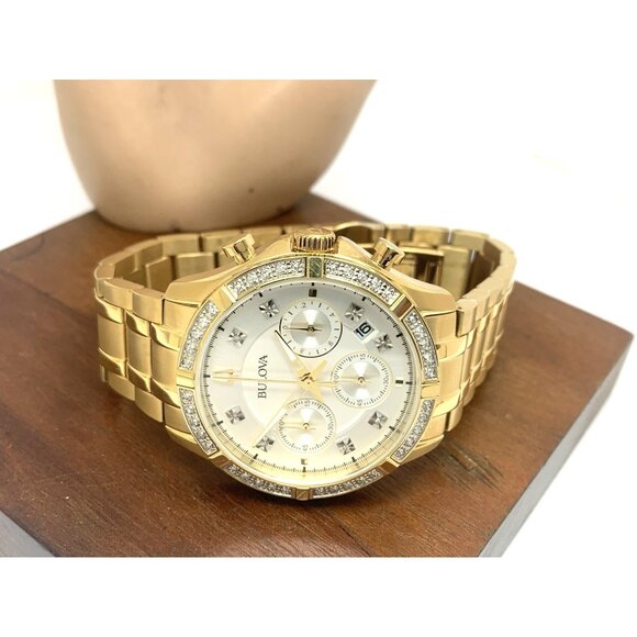 Bulova Men's Watch 98E113 Quartz Chronograph Diamond Slver Dial Gold Steel 42mm - Picture 9 of 15
